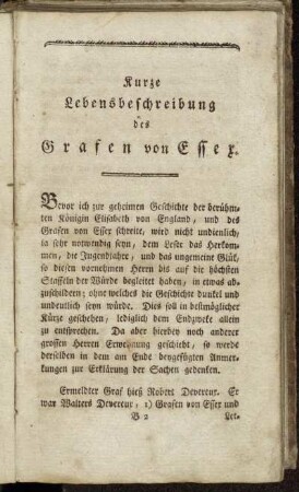 Kurze Lebensbeschreibung des Grafen von Essex.