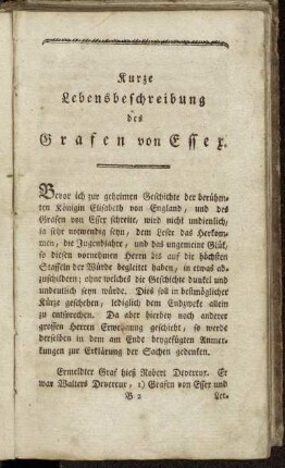 Kurze Lebensbeschreibung des Grafen von Essex.