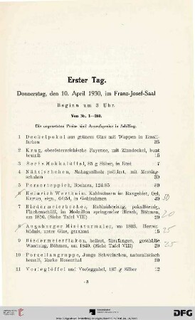Erster Tag. Donnerstag, den 10. April 1930, im Franz-Josef-Saal. Beginn um 3 Uhr (1-260)