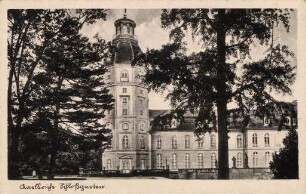 Postkartenalbum mit Motiven von Karlsruhe. "Karlsruhe Schlossgarten". Schlossturm