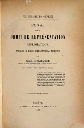Essai sur le droit de représentation diplomatique d'après le droit international moderne : Inaug. Diss.