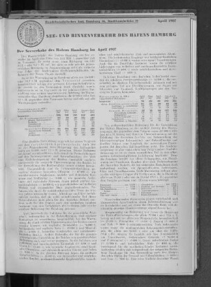 Der Seeverkehr des Hafens Hamburg im April 1937
