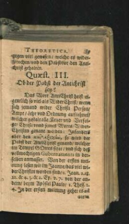 Quaest. III. Ob der Pabst der Antichrist sey?