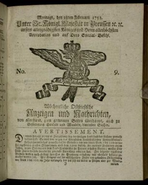 No. 9. Montags, den 28ten Februarii 1752.