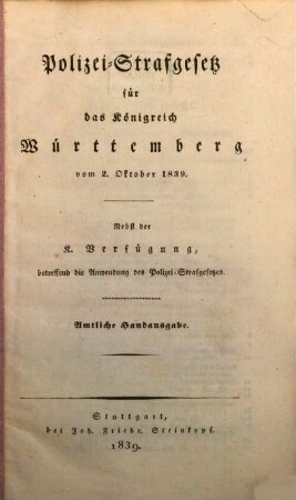 Polizei-Strafgesetz für das Königreich Würtemberg : vom 2. Octbr. 1839