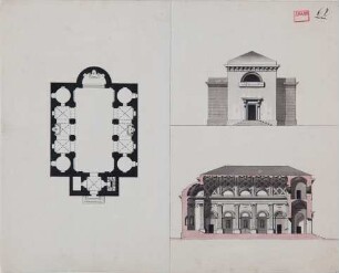 Entwurf einer Basilika - Grundriss, Ansicht und Längsschnitt