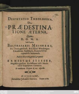 Disputatio Theologica, De Praedestinatione Aeterna