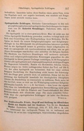 357 [Rezension] Straubinger, Heinrich, Apologetische Zeitfragen
