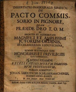Dissertatio Inauguralis Iuridica, De Pacto Commissorio In Pignore