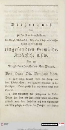 Verzeichniß der zu der Kunstausstellung der königl. Akademie der bildenden Künste und mechanischen Wissenschaften eingesandten Gemählde, Kupferstiche u.s.w.
