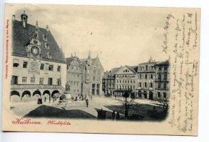 Marktplatz mit Rathaus, Robert-Mayer-Denkmal und Marktplatz 9, 10, 11 (Hotel Falken) und 12 (Zehender)