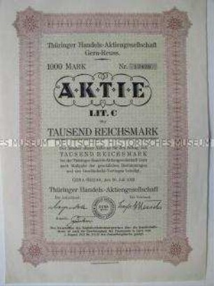 Aktie der Thüringer Handels-Aktiengesellschaft Gera-Reuss über 1000 Reichsmark