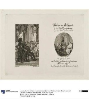 Szene in einem mittelalterlichen Festsaal / Zwei Mönche in einem Gewölbe. Frontispiz und Titelbild zu Raspo von Felseneck. Vom Verfasser des Konrad von Kaufungen