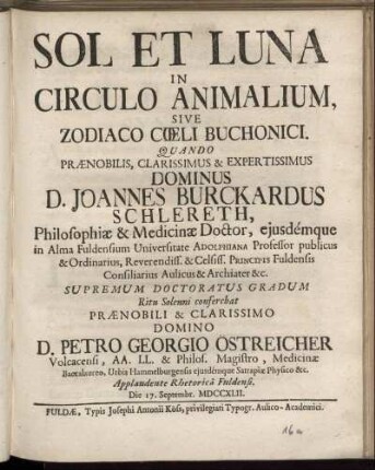 Sol Et Luna In Circulo Animalium, Sive Zodiaco Cœli Buchonici