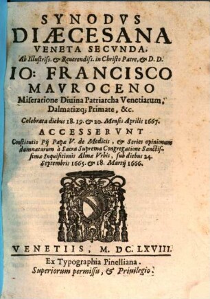 Synodus dioecesana Veneta secunda, celebrata 18 - 20. Apr. 1667