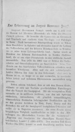Zur Erinnerung an August Hermann Jungk.