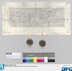 Hanns Eman schwört bei der Entlassung aus dem Gefängnis der Stadt Nürmberg Urfehde und stellt als Bürgen Hanns Reymar, Wolf Odenberger, Herman Eman Vater des Ausstellers, Marx Eman Vetter des Ausstellers. - Siegler: Hanns Reymar, Wolf Ödenberger.