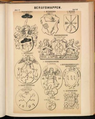 Taf. 116. -1. Feltmakers in London. - 2. Seilerzunft in Magdeburg. - 3. Seiler-Handwerk in Stendal. - 4. Hutmacher in Berlin. - 5. Seiler (n. Rehlen.) - 6. Seilerhandwerk von Ludwig Burger. - 7. Seilerhandwerk in Freiberg. - 8. Reifschlägergesellen-Brüderschaft in Danzig. - 9. Seiler in Brügge 14. Jahrh. - 10. Reifschläger in Danzig.