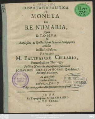 Disputatio Politica De Moneta seu Re Numaria