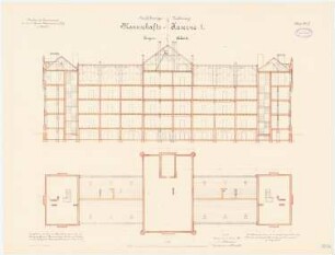 Kaserne des 4. Garderegiments zu Fuß, Berlin-Moabit: Mannschaftskaserne 1: Grundriss Dachgeschoss, Längsschnitt 1:100