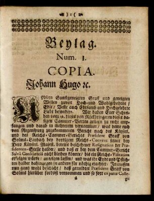 Num. 1. Copia. Johann Hugo et[c].
