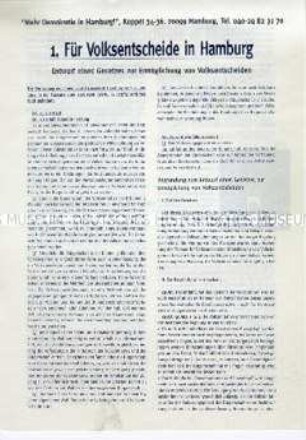 Propagandaflugschrift der Initaitive "Mehr Demokratie" mit einem Gesetzentwurf für die verfassungsmäßige Einführung von Volksbegehren in Hamburg