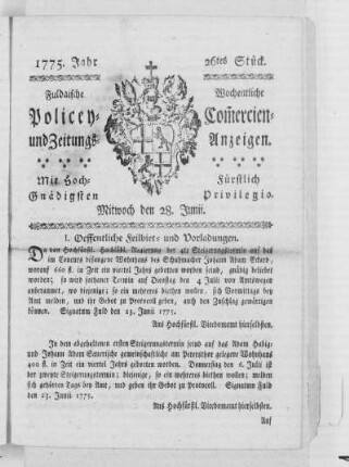 26tes Stück, Ausgabe vom 28. Junii 1775