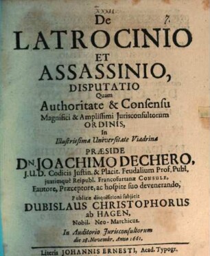De latrocinio et assassinio disputatio