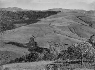 Landschaft der Hochgebirgskette : Blick auf die von Erosionsrissen zerschnittenen Weiden, im Hintergrund Gebirge