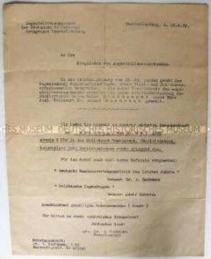 Hektografiertes Rundschreiben mit der Einladung zu einer Sitzung des Angestelltenausschusses der DVP