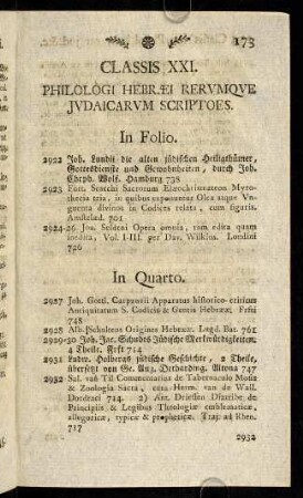 173-184, Classis XXI. Philologi Hebraei Rerumque Judaicarum Scriptoes.