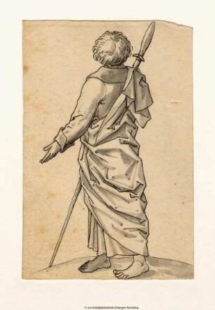 Apostel mit einer Lanze (Thomas ? Matthäus ?) in Rückansicht, nach links schreitend