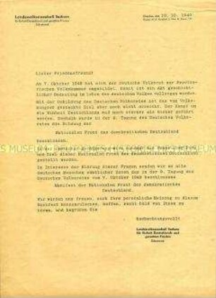 Offener Brief des Landesvolksausschusses Sachsen zur Gründung der DDR mit dem "Manifest an das deutsche Volk" vom 7. Oktober 1949