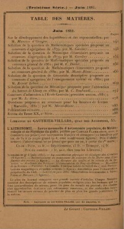 Table des matières. Juin 1882.
