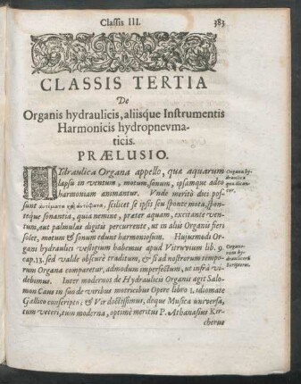 Classis Tertia De Organis hydraulicis, aliisque Instrumentis Harmonicis hydropneumaticis.