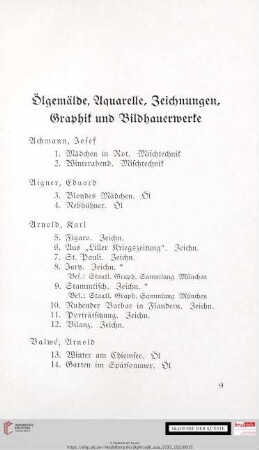 Ölgemälde, Aquarelle, Zeichnungen, Graphik und Bildhauerwerke