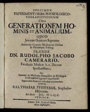 Specimen Experimentorum Physiologico-Therapeuticorum Circa Generationem Hominis Et Animalium