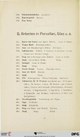 D. Arbeiten in Porzellan, Glas u. a. (Nr. 351-422)