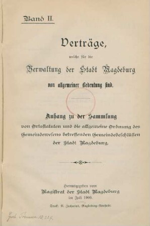 Bd. 2: Verträge, welche für die Verwaltung der Stadt Magdeburg von allgemeiner Bedeutung sind
