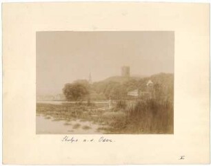 Stolpe/Oder (Kr. Angermünde): Blick über die Alte Oder zum Burgfried (Zeichnung von Franz Wellke)