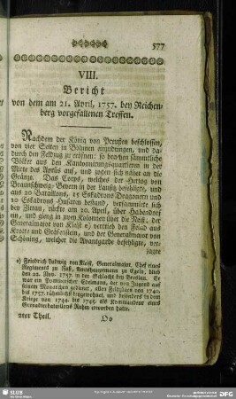 VIII. Bericht von dem am 21. April, 1757. bey Reichenberg vorgefallenen Treffen
