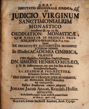 Disp. inaug. de iudicio virginum sanctimonialium monastico