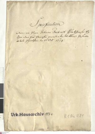 Pfalzgraf Johann Friedrich von Pfalz-Hilpoltstein beurkundet den Anschlag der Gefälle der Wittums-Herrschaft Heideck seiner Gemahlin Sophie Agnes