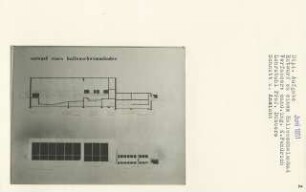 Entwurf zu einem Hallenschwimmbad (Diplomarbeit bei Kurt Dübbers): Ansicht von Süden und Schnitt 1:100