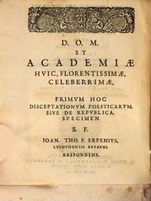 Dispvtationvm Politicarvm De Regio Romanorum Imperio ..., 1. De Romuli Principatu