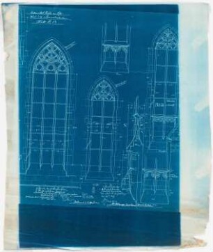 Pfarrkirche Sankt Martinus, Olpe: Details der Steinmetzarbeiten an Fenstern, Strebepfeilern und Giebeln 1:20 (Ausschnitt)