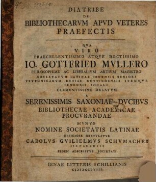 Diatribe de bibliothecarum apud Veteres praefectis