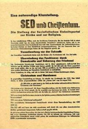 Propagandaflugblatt der SED über ihre Haltung zur christlichen Bevölkerung