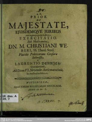 1: De majestate, ejusdemque juribus exercitatio