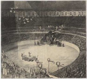 Deutsches Festspielhaus (Theater der 10.000), Berlin: Perspektivische Ansicht von oben auf Bühne und Zuschauerraum